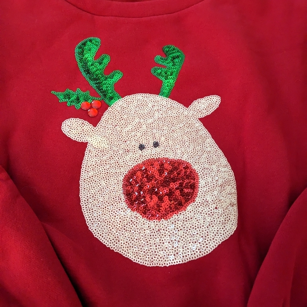 Reindeer Sequin Crewneck Sweatshirt Red Women Crop Christmas Red Nose New Cozy - Picture 2 of 7
